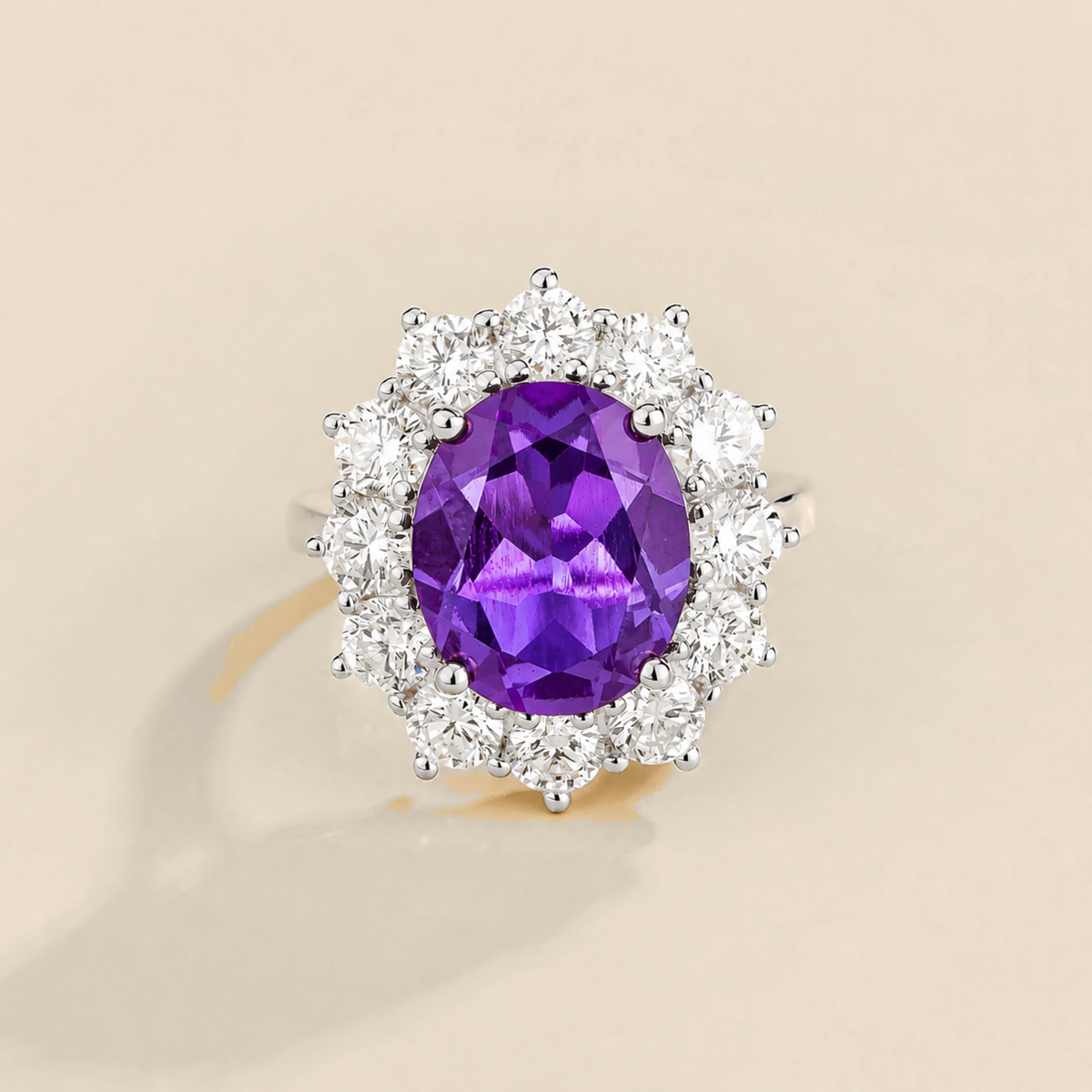 Divo Purple Sapphire Oval & Diamond Halo Ring In White Gold by Juvetti, bespoke jewellery London