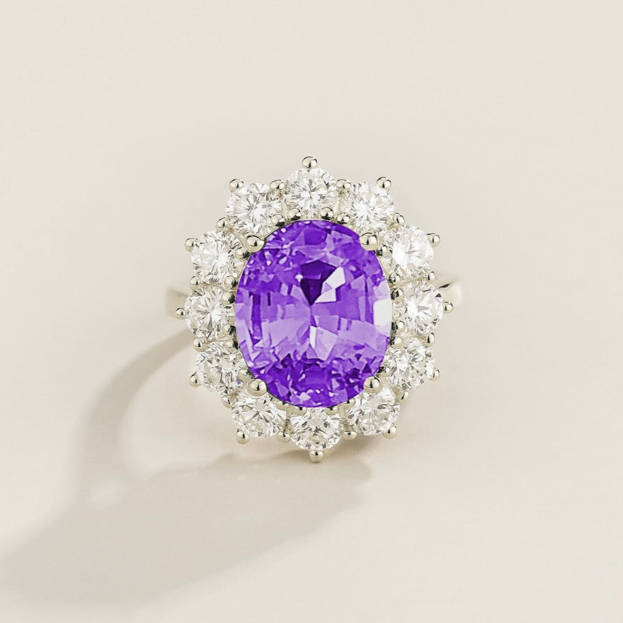 Oda Purple Sapphire Oval & Diamond Halo Ring In White Gold by Juvetti, bespoke jewellery London