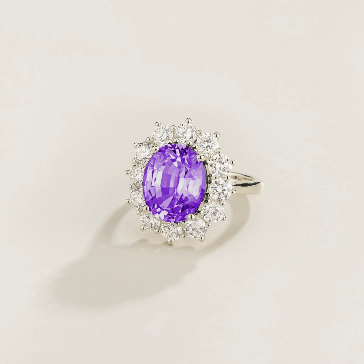 Angled view of the oval purple sapphire on the Oda ring in white gold, Juvetti jewellery