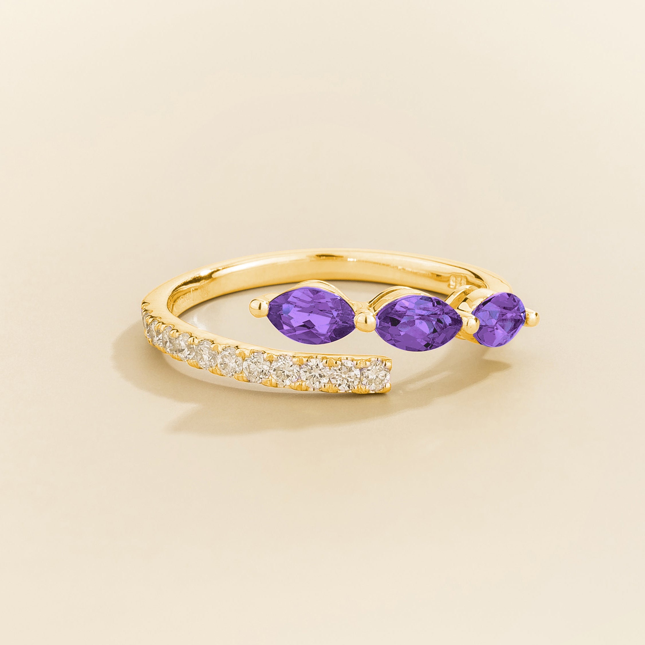 Sava Purple Sapphire Three-Stone & Diamond Pavé Ring in Gold by Juvetti London, photographed on a white background