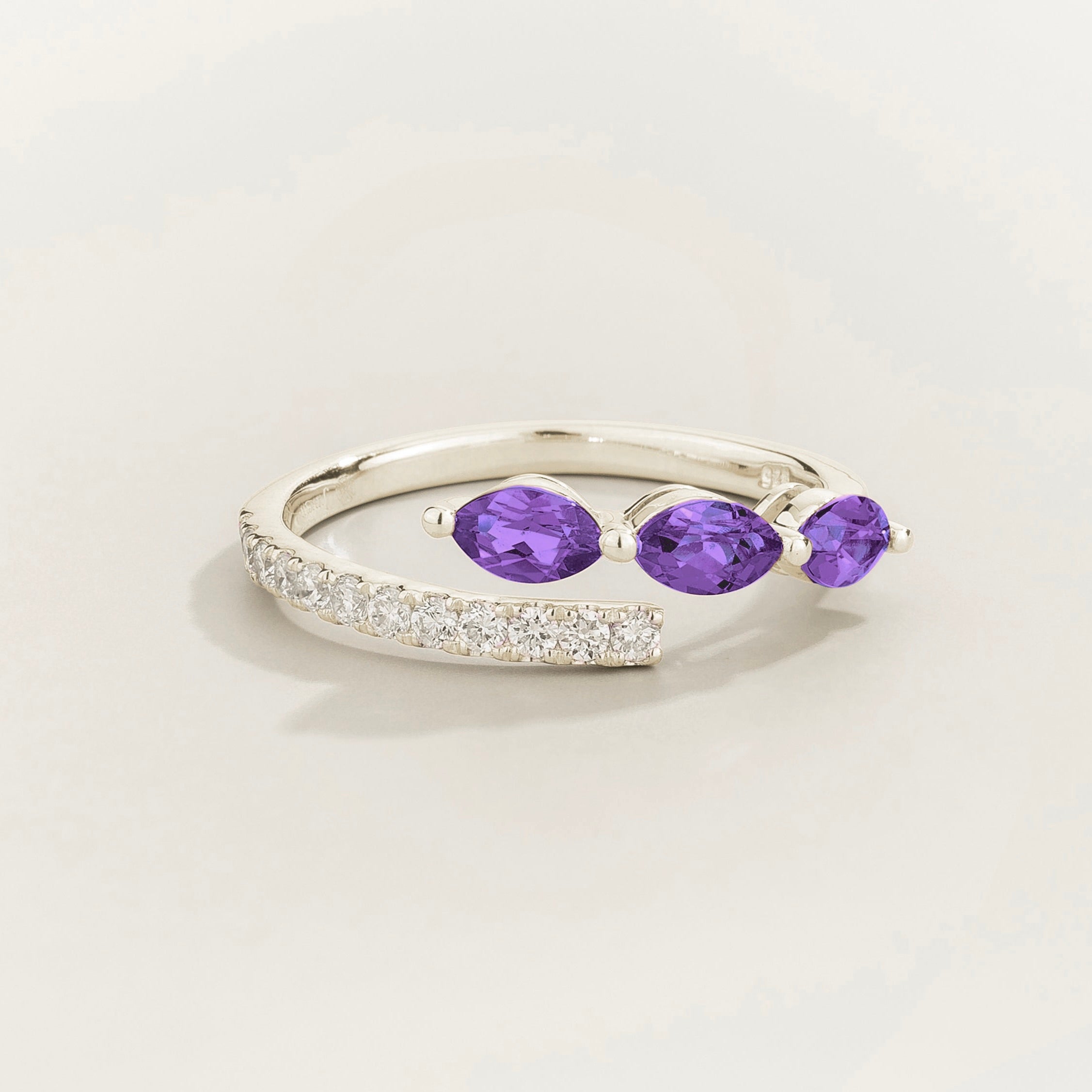 Sava Purple Sapphire Three-Stone & Diamond Pavé Ring in White Gold by Juvetti, bespoke jewellery London