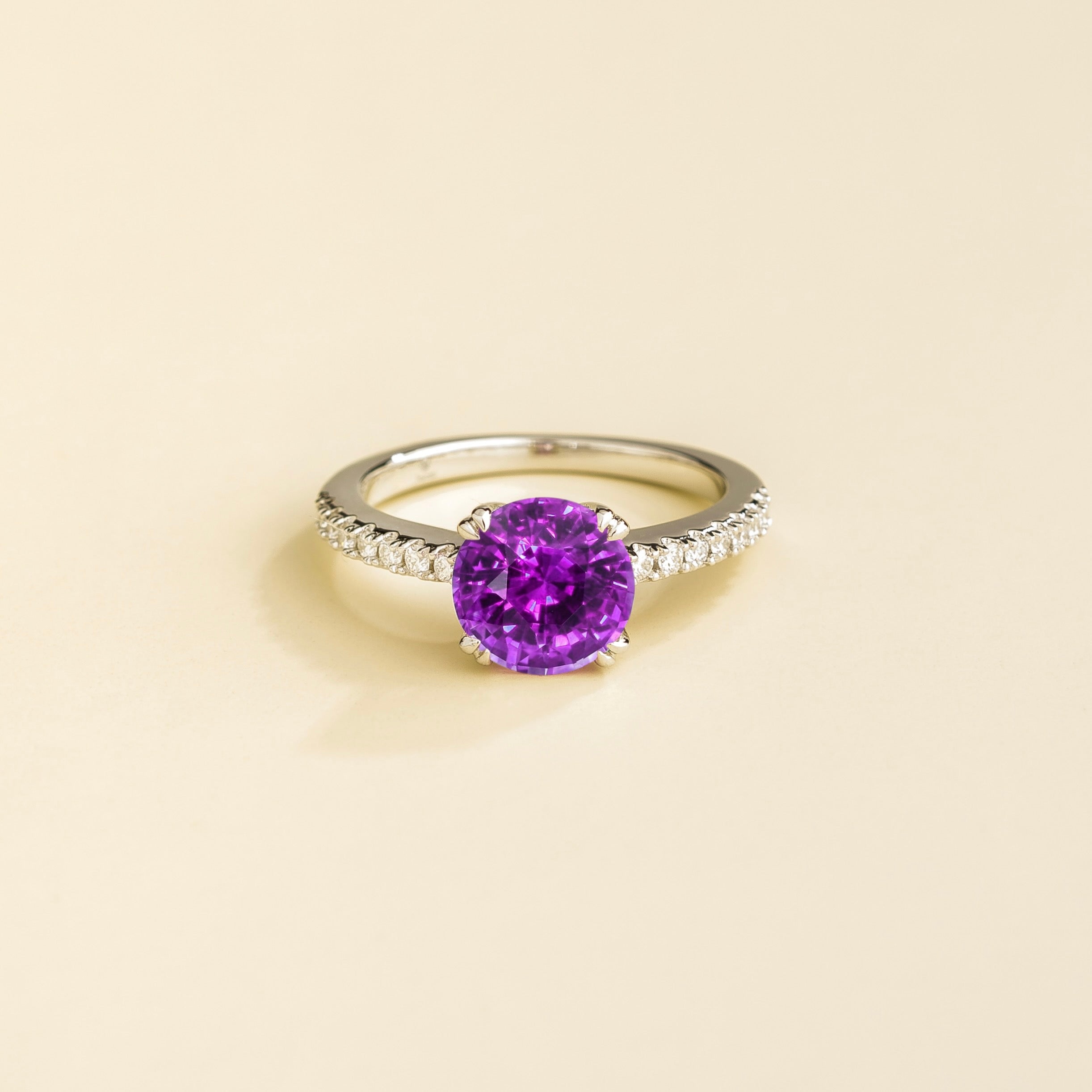 Soli Purple Sapphire Round & Diamond Pavé Ring in White Gold by Juvetti London