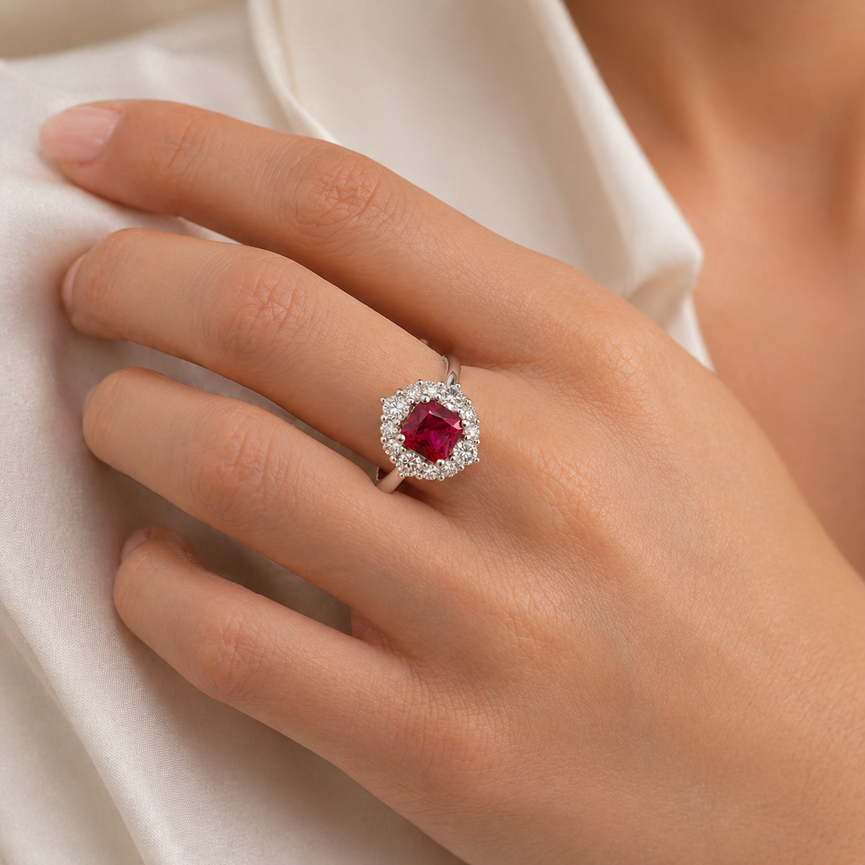 Model wears the Tuli cushion purple sapphire ring in gold