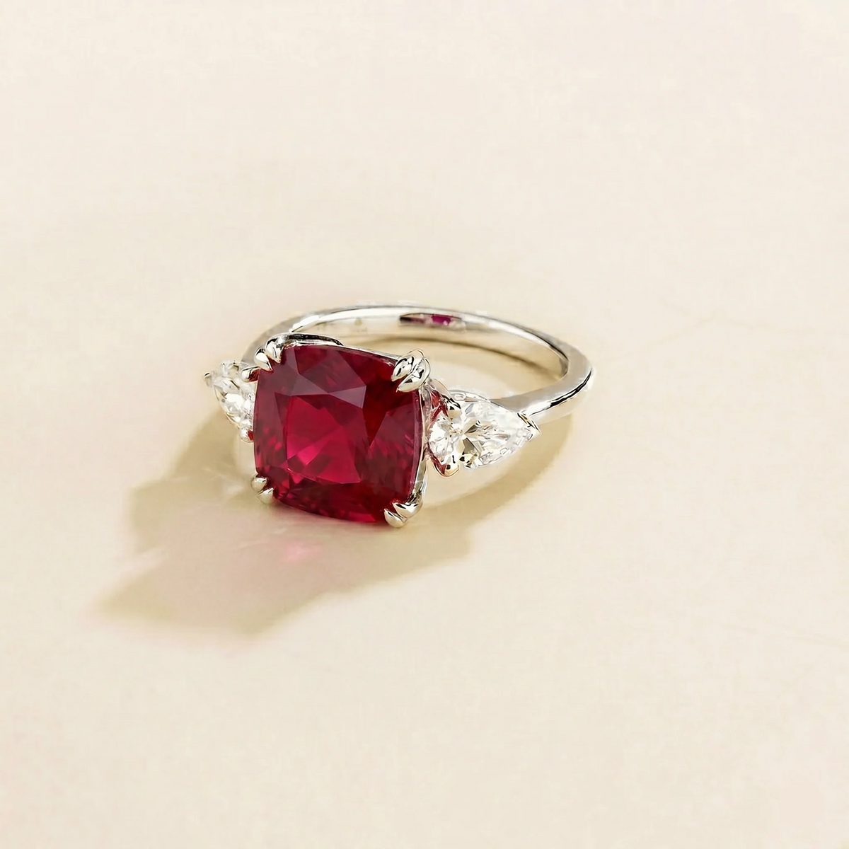Roue Ruby Cushion Cut & Pear Diamond Ring in White Gold