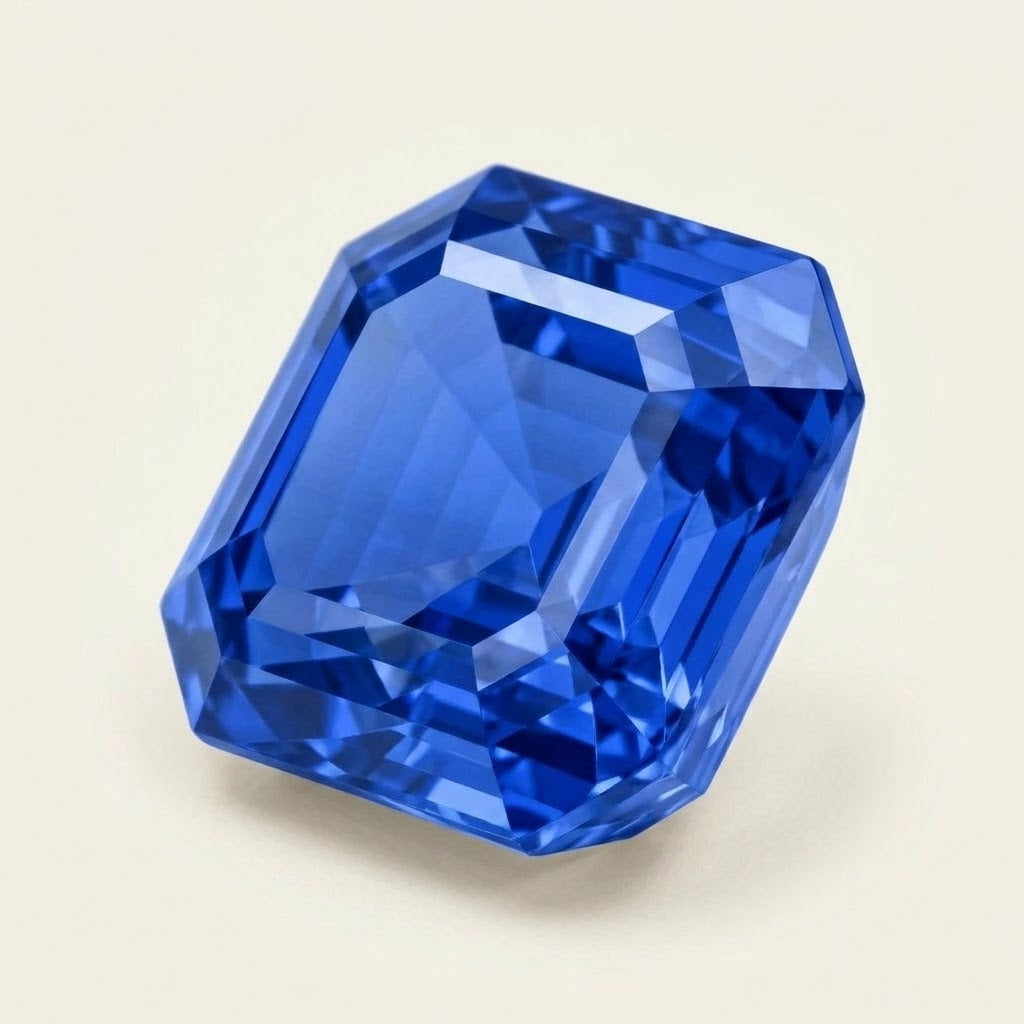 Royal blue lab-grown sapphire, Asscher cut, 45° view