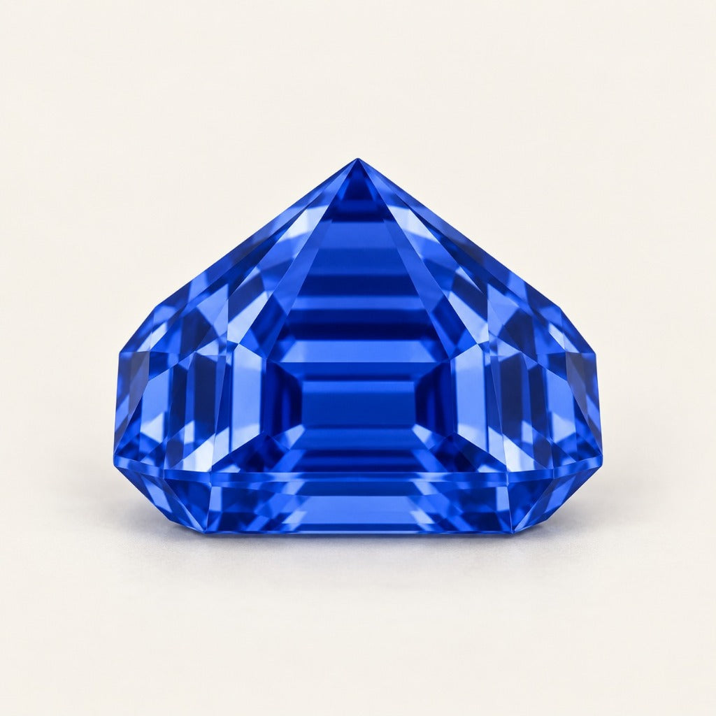 Royal blue lab-grown sapphire, Asscher cut, side view