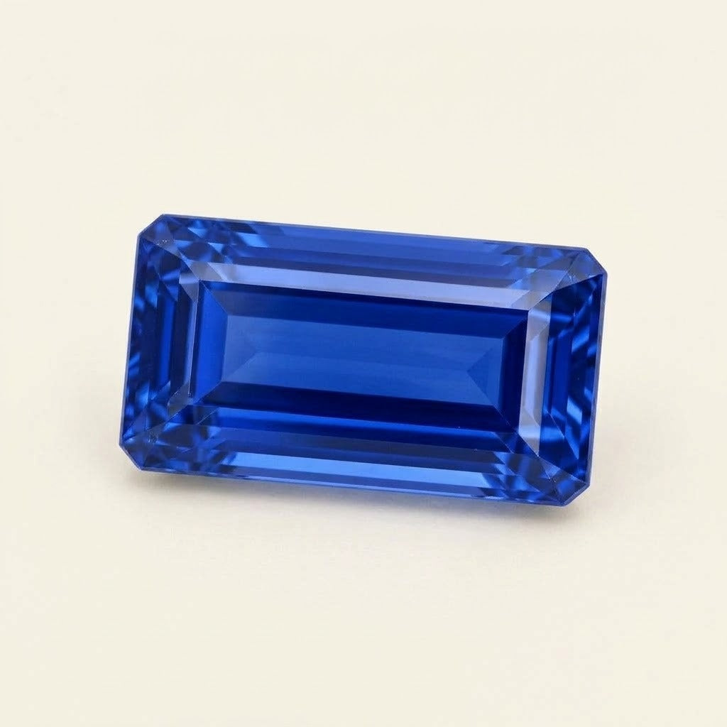 Royal blue lab-grown sapphire, baguette cut, 45° view