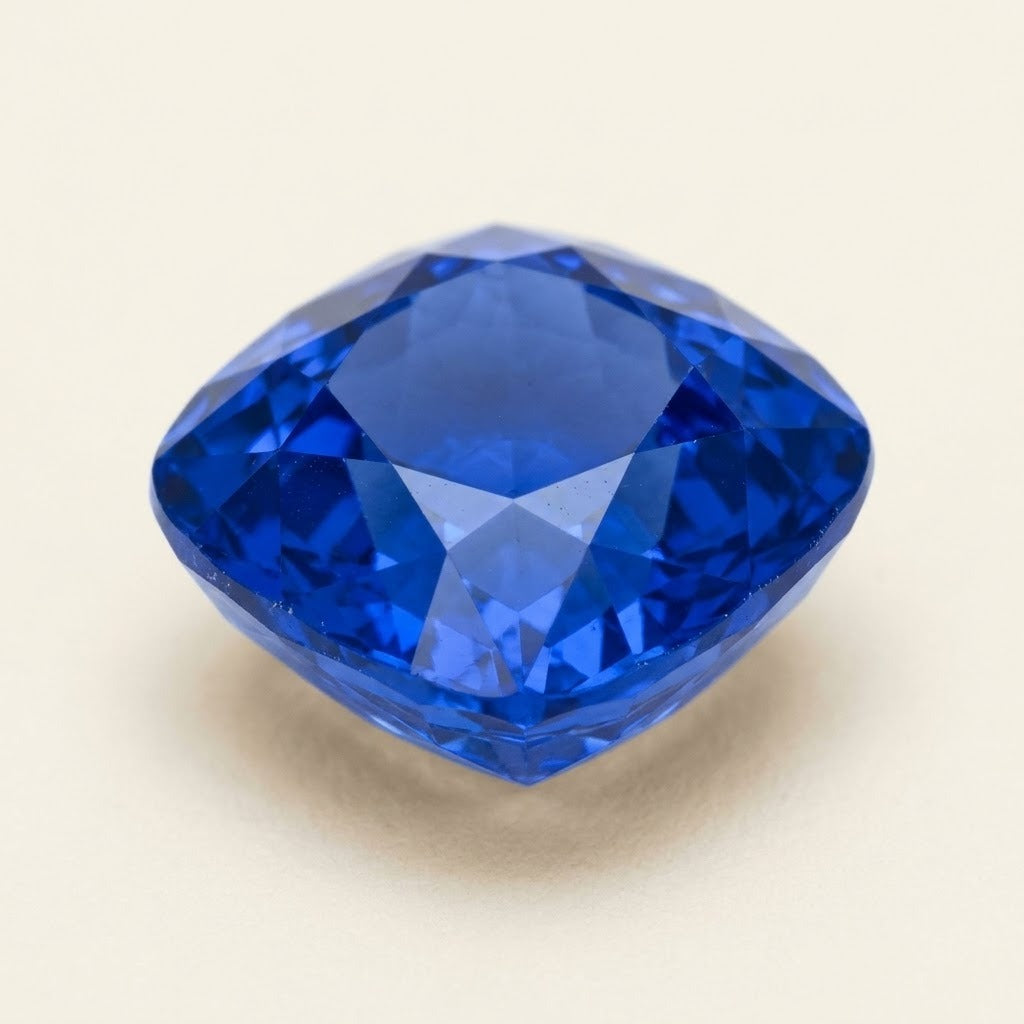 Royal blue lab-grown sapphire, cushion cut, 45° view