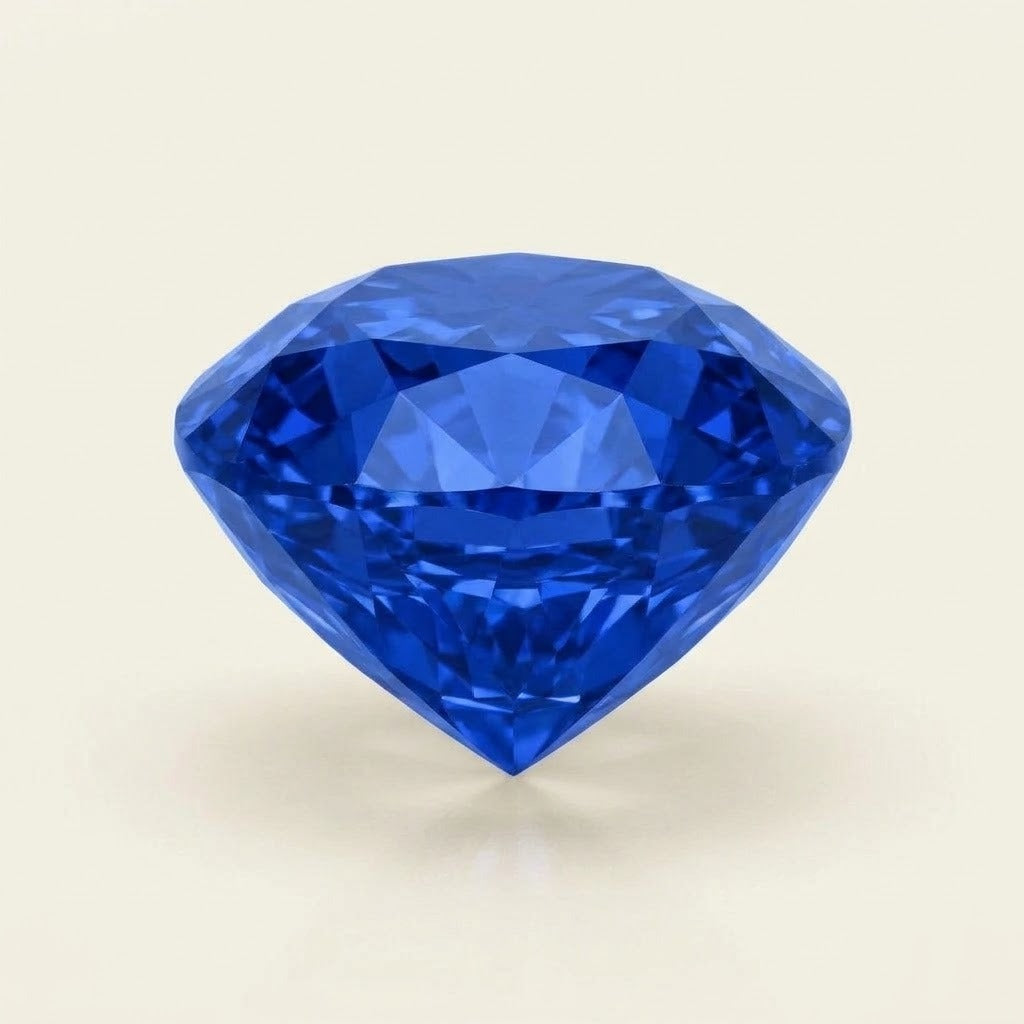 Royal blue lab-grown sapphire, cushion cut, side view