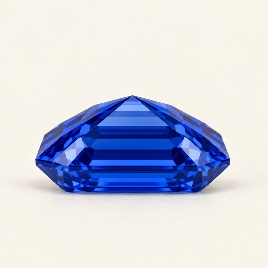 Royal blue lab-grown sapphire, emerald cut, side view