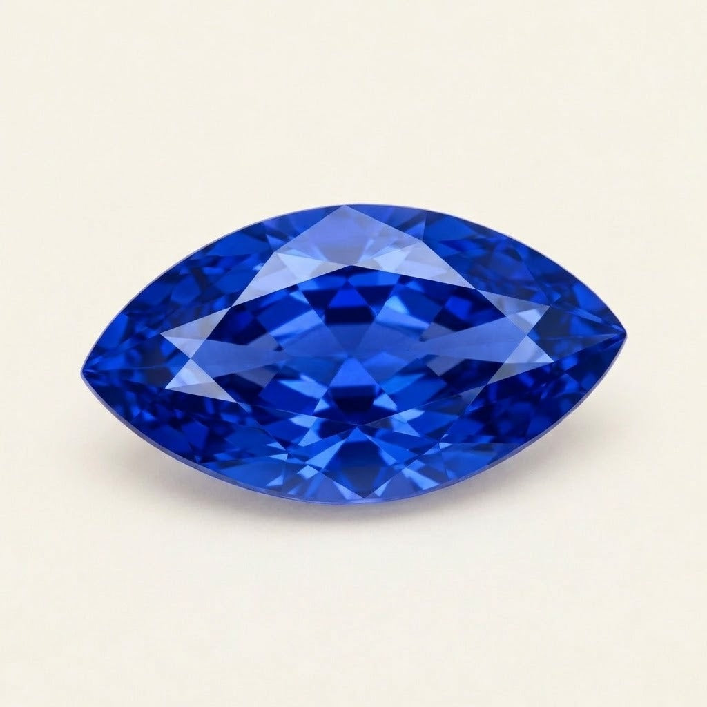 Royal blue lab-grown sapphire, marquise cut, 45° view