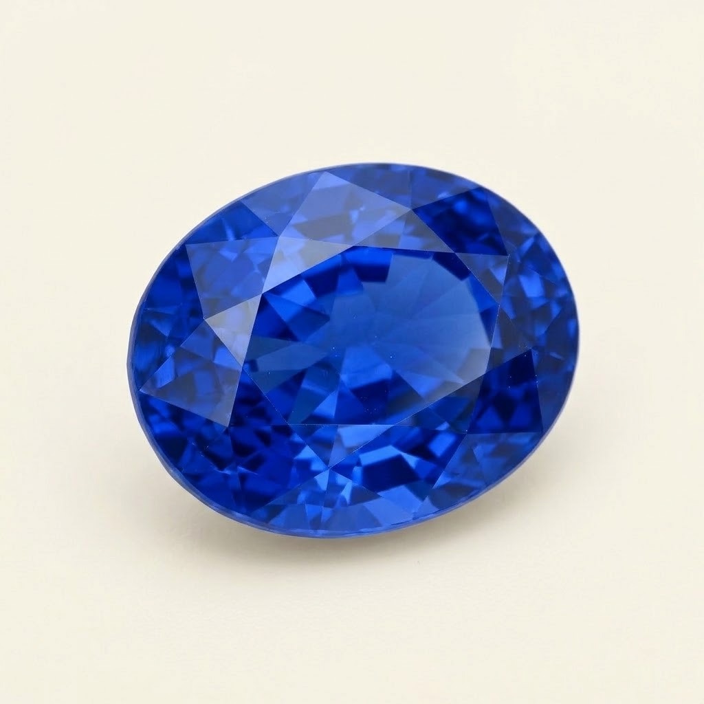 Royal blue lab-grown sapphire, oval cut, 45° view