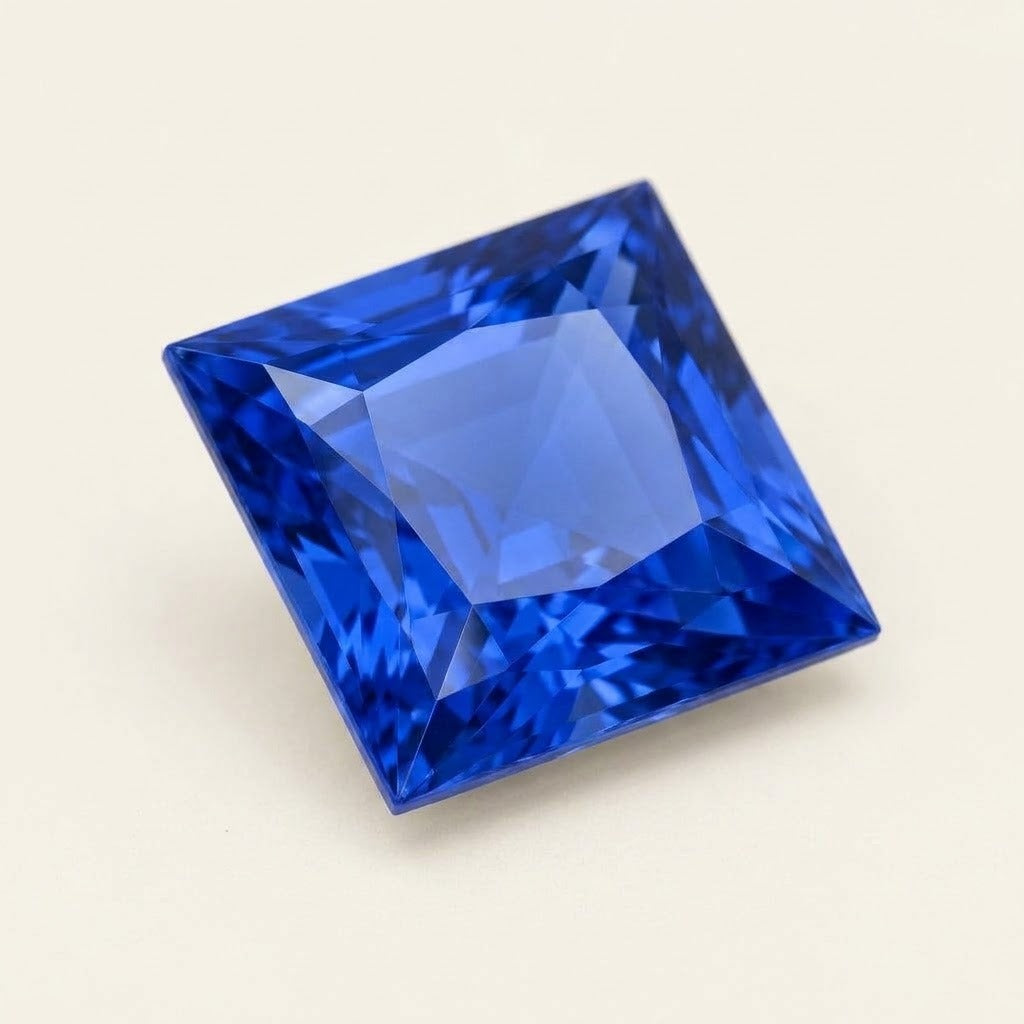 Royal blue lab-grown sapphire, princess cut, 45° view