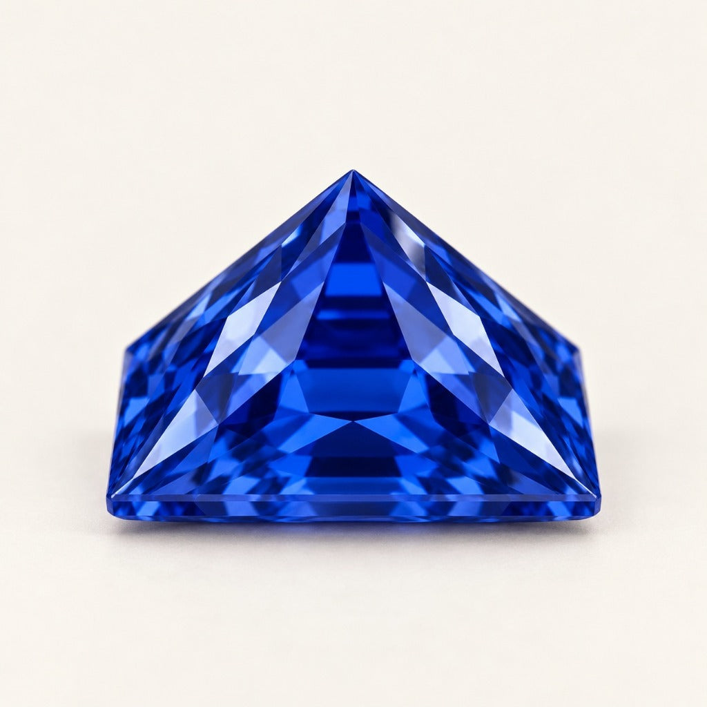 Royal blue lab-grown sapphire, princess cut, side view