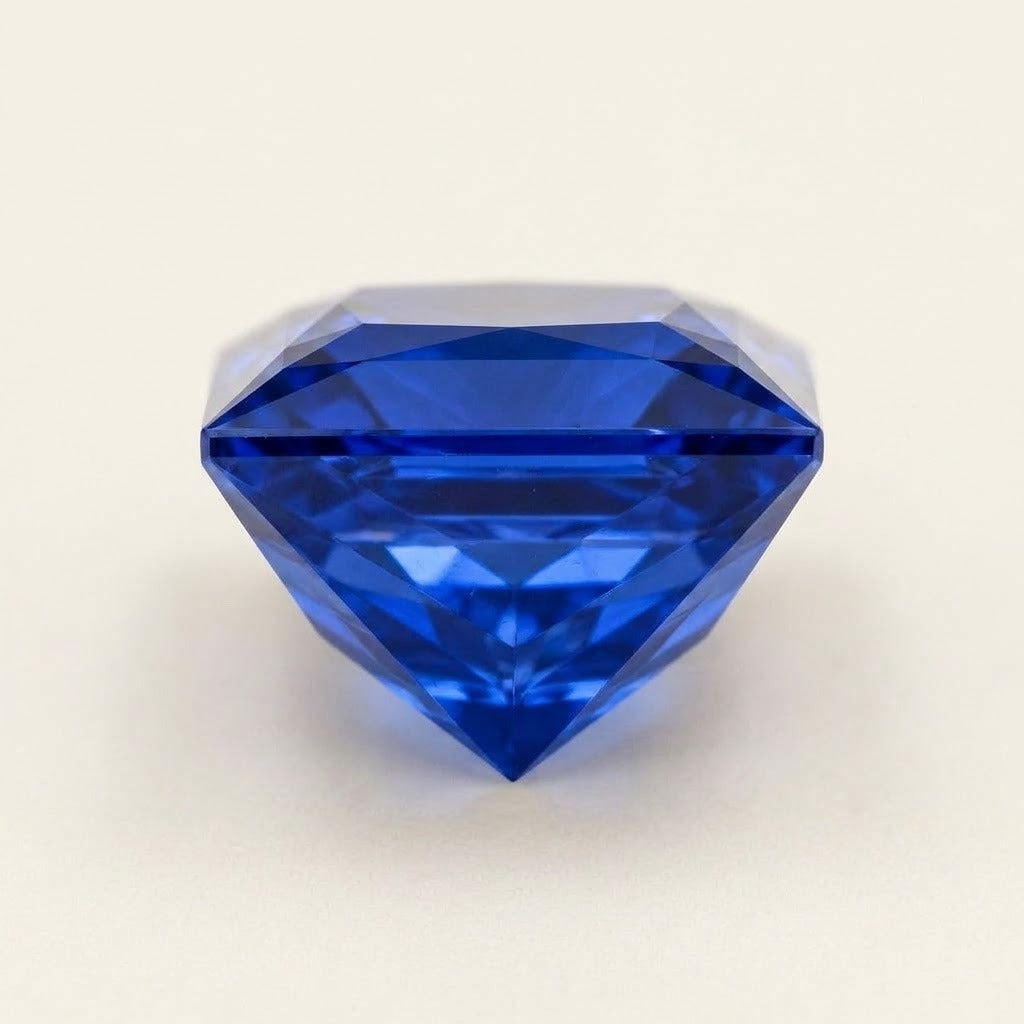 Royal blue lab-grown sapphire, princess cut, side view