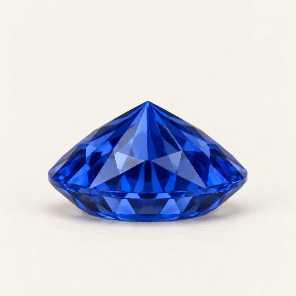 Royal blue lab-grown sapphire, round cut, side view