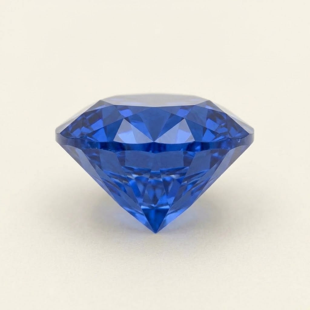 Royal blue lab-grown sapphire, round cut, side view