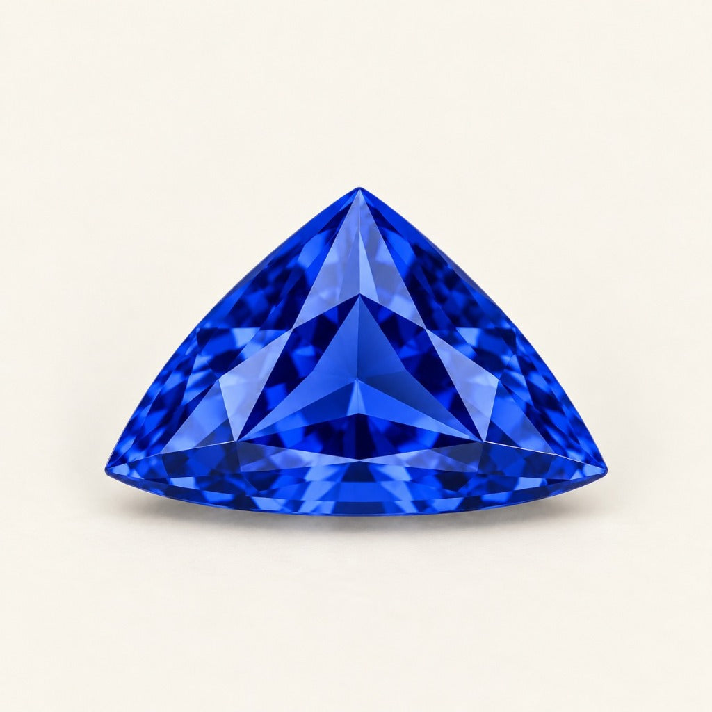 Royal blue lab-grown sapphire, trillion cut, side view