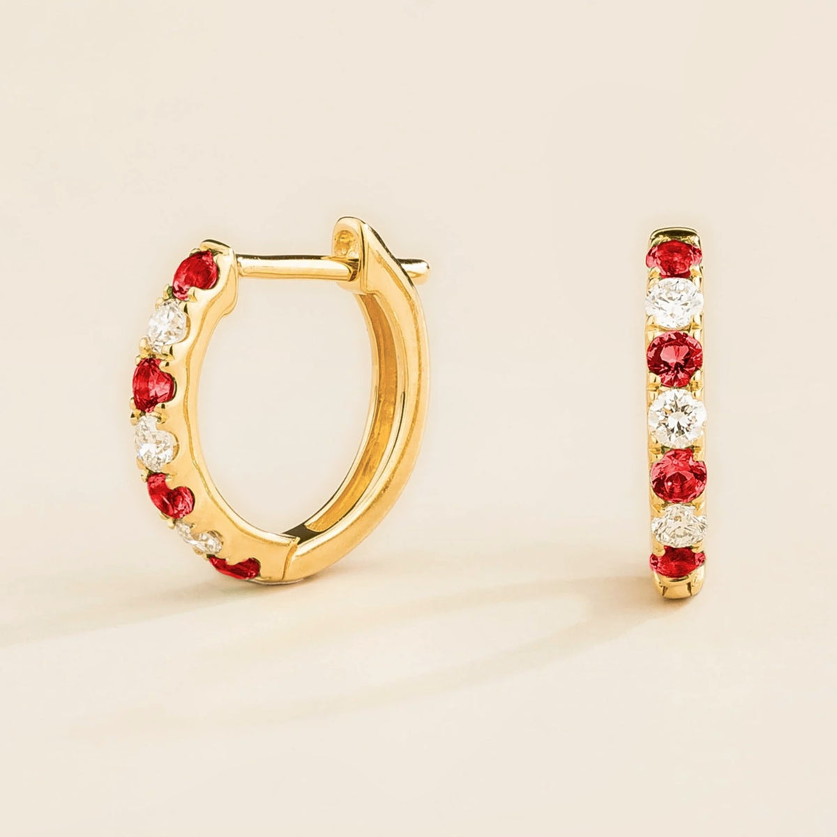 Stacy Ruby & Diamond Huggie Hoop Earrings in Gold | Juvetti