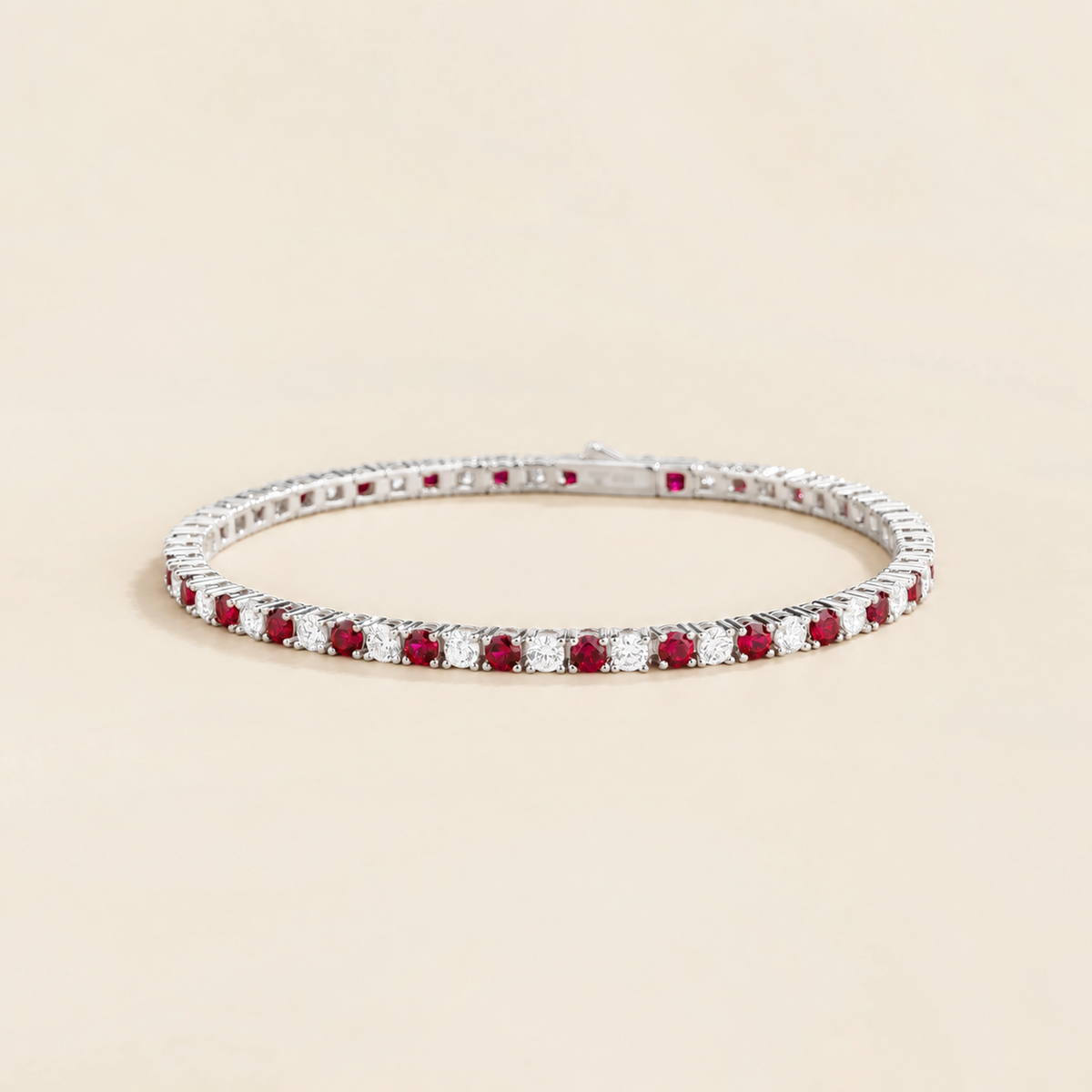 Round lab-grown ruby and diamond tennis bracelet in white gold | Juvetti London