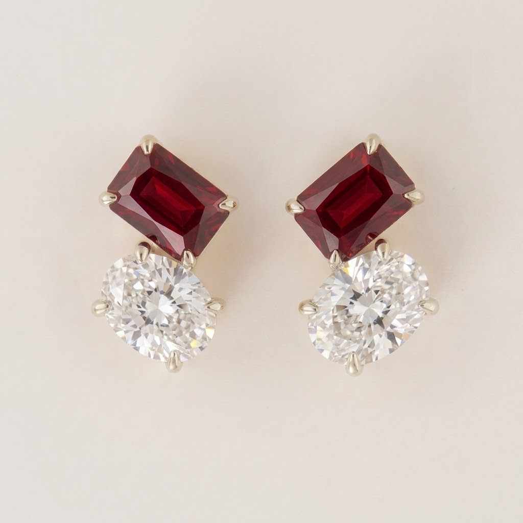 Buchon ruby and diamond two-stone earrings in white gold