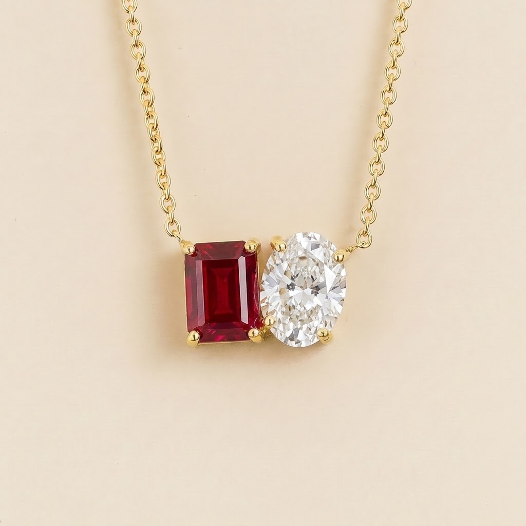 Buchon ruby and diamond two-stone pendant necklace in gold