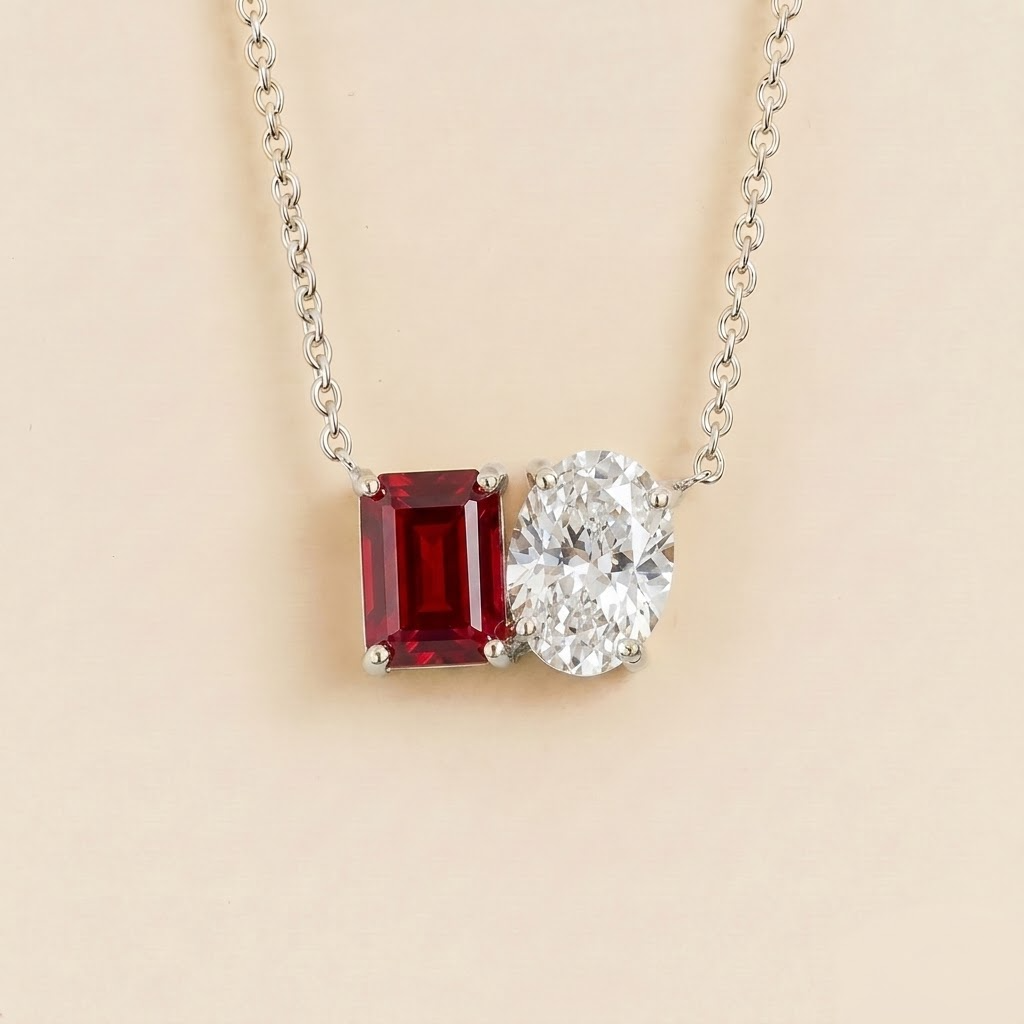 Buchon ruby and diamond two-stone pendant necklace in white gold
