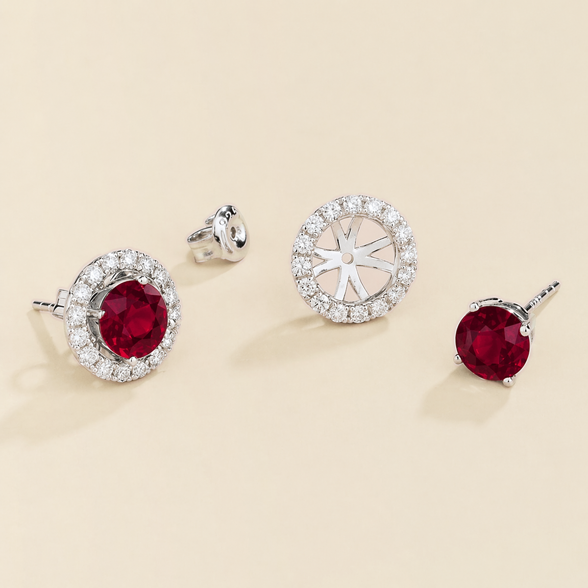 Floret round lab-grown ruby and diamond halo stud earrings in white gold – apart | Juvetti London