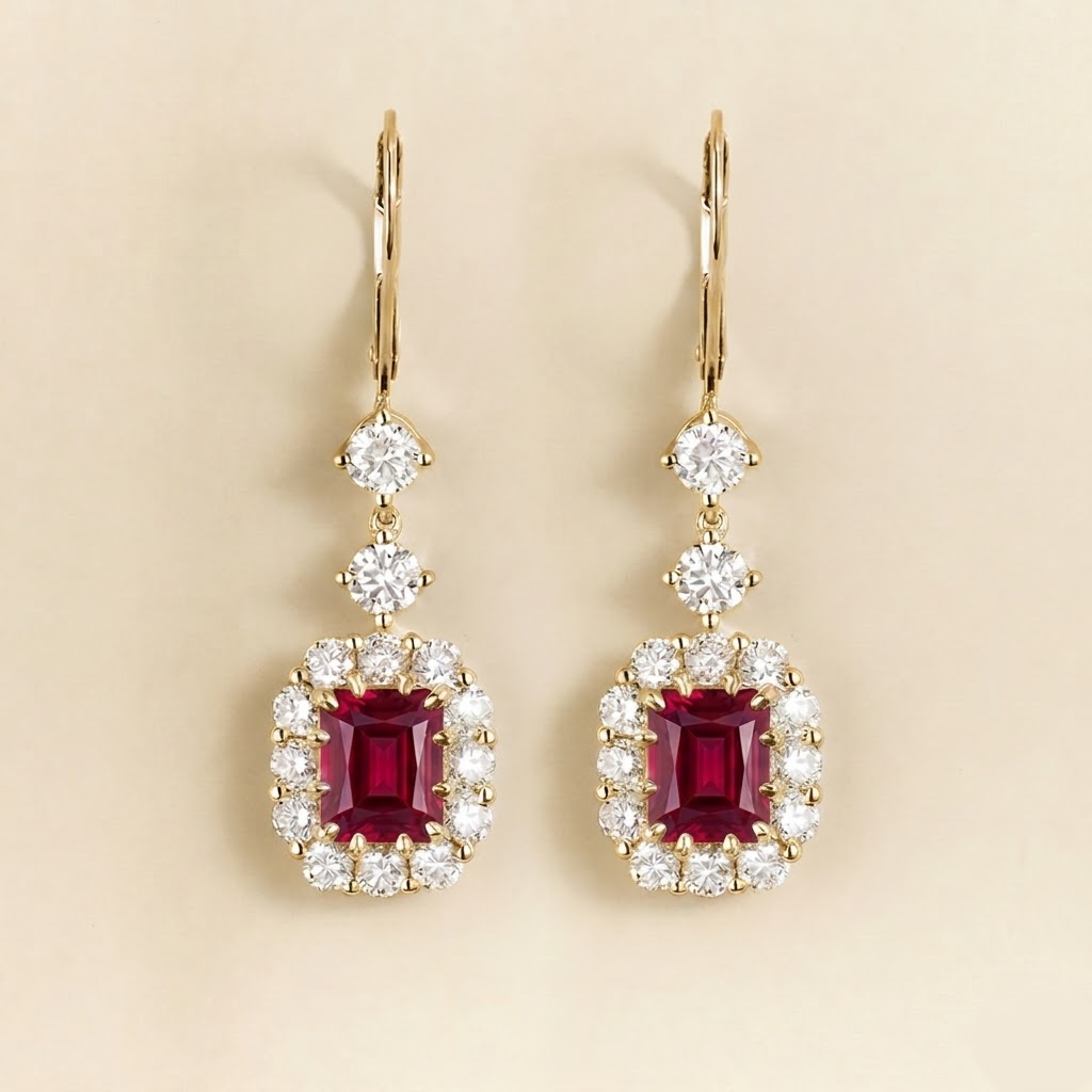 Pippa cushion-cut ruby and diamond halo drop earrings in yellow gold, front view