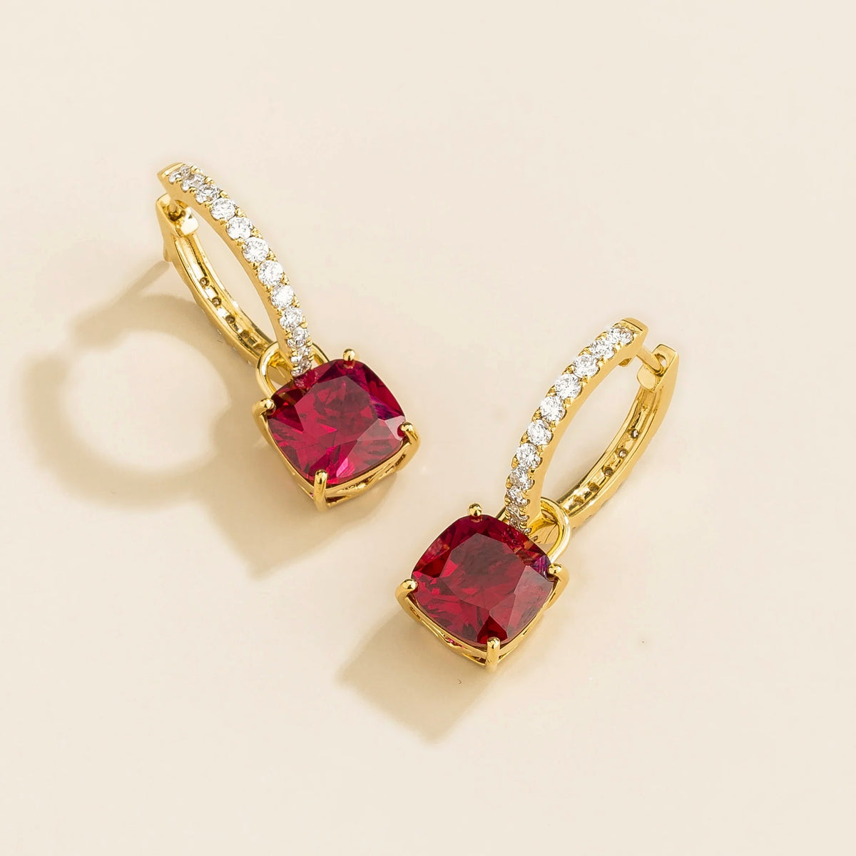 Cushion-Cut Ruby & Diamond Hoop Drop Earrings in Gold – front view