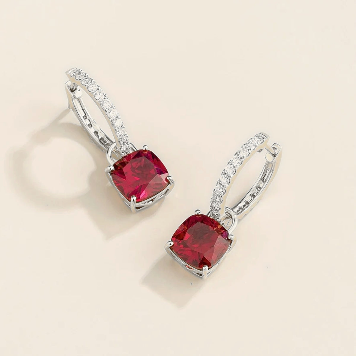 Cushion-Cut Ruby & Diamond Hoop Drop Earrings in White Gold – front view