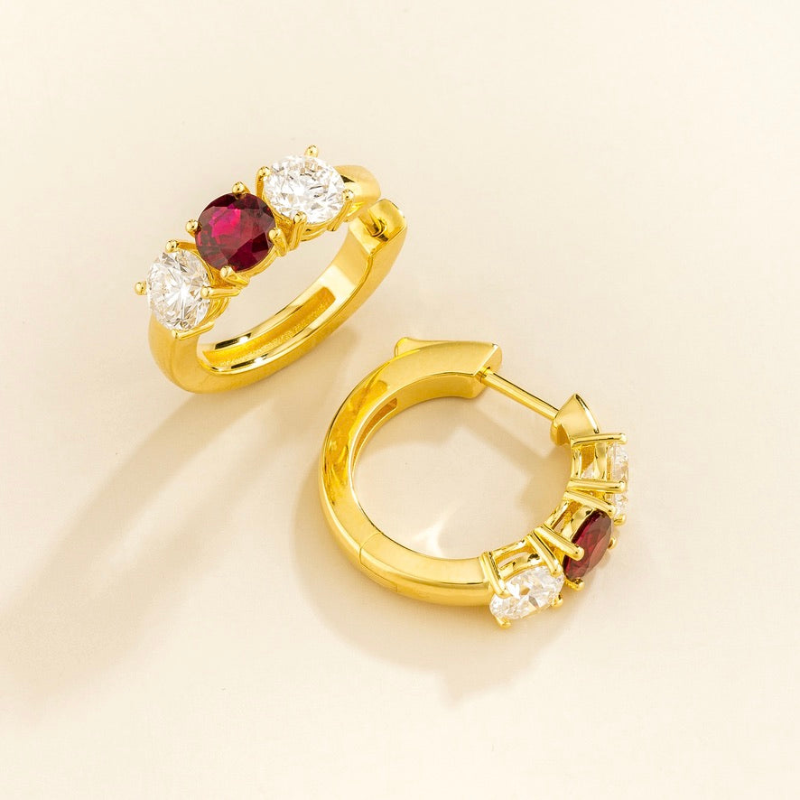 Tres Ruby & Diamond Three-Stone Huggie Hoops – angle view