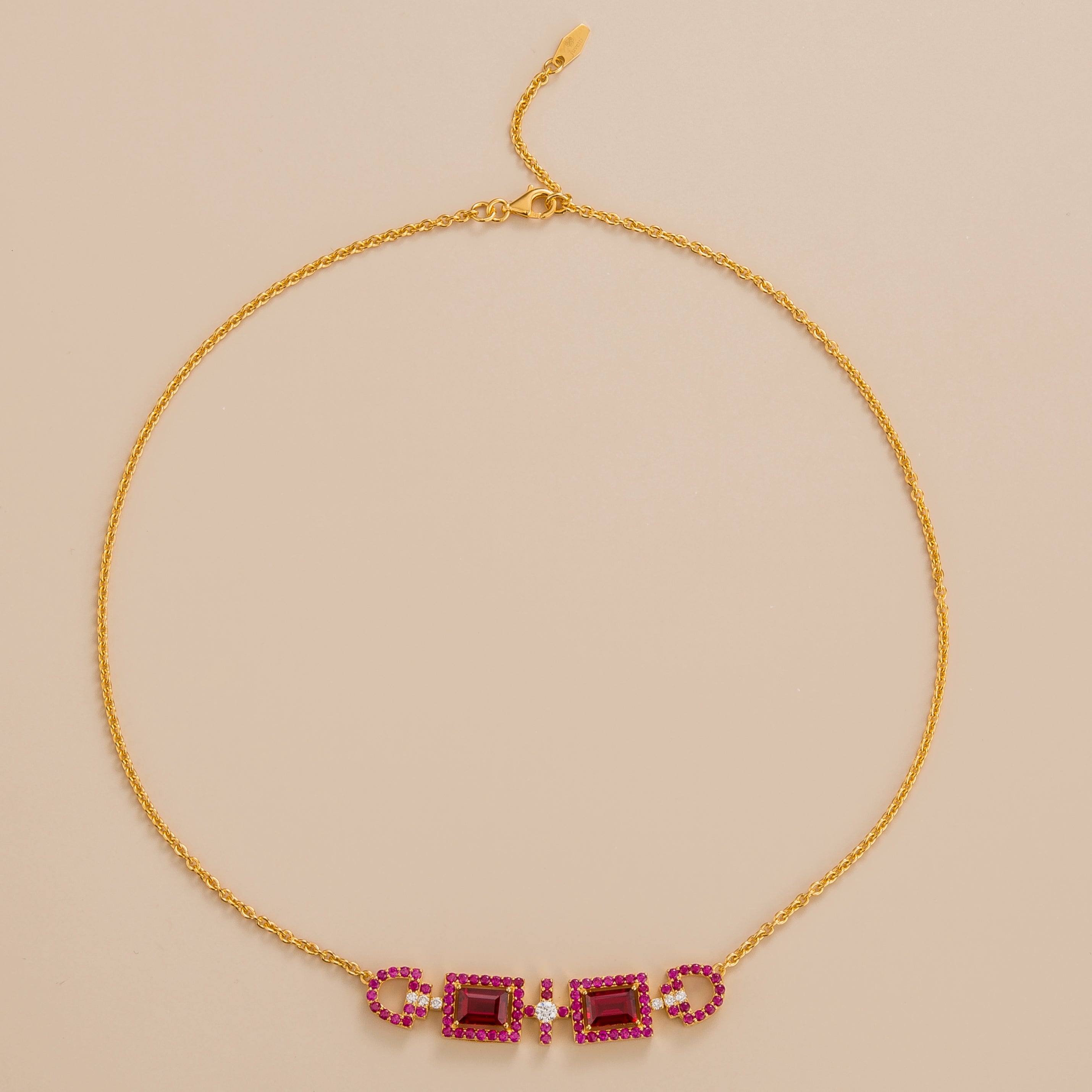 Ciceris Ruby & Diamond Rectangle Halo Statement Gold Necklace