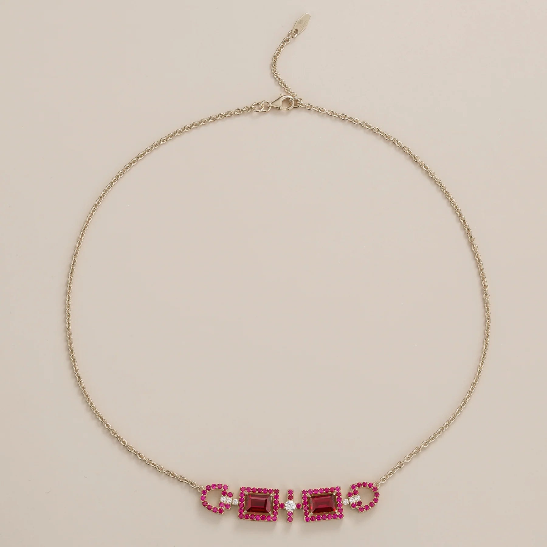 Ciceris Ruby & Diamond Rectangle Halo Statement White Gold Necklace, side angle