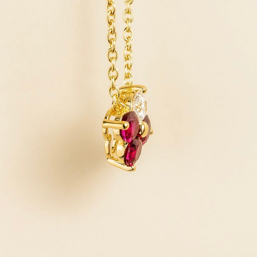 Clover Ruby & Diamond Necklace In Gold, side angle