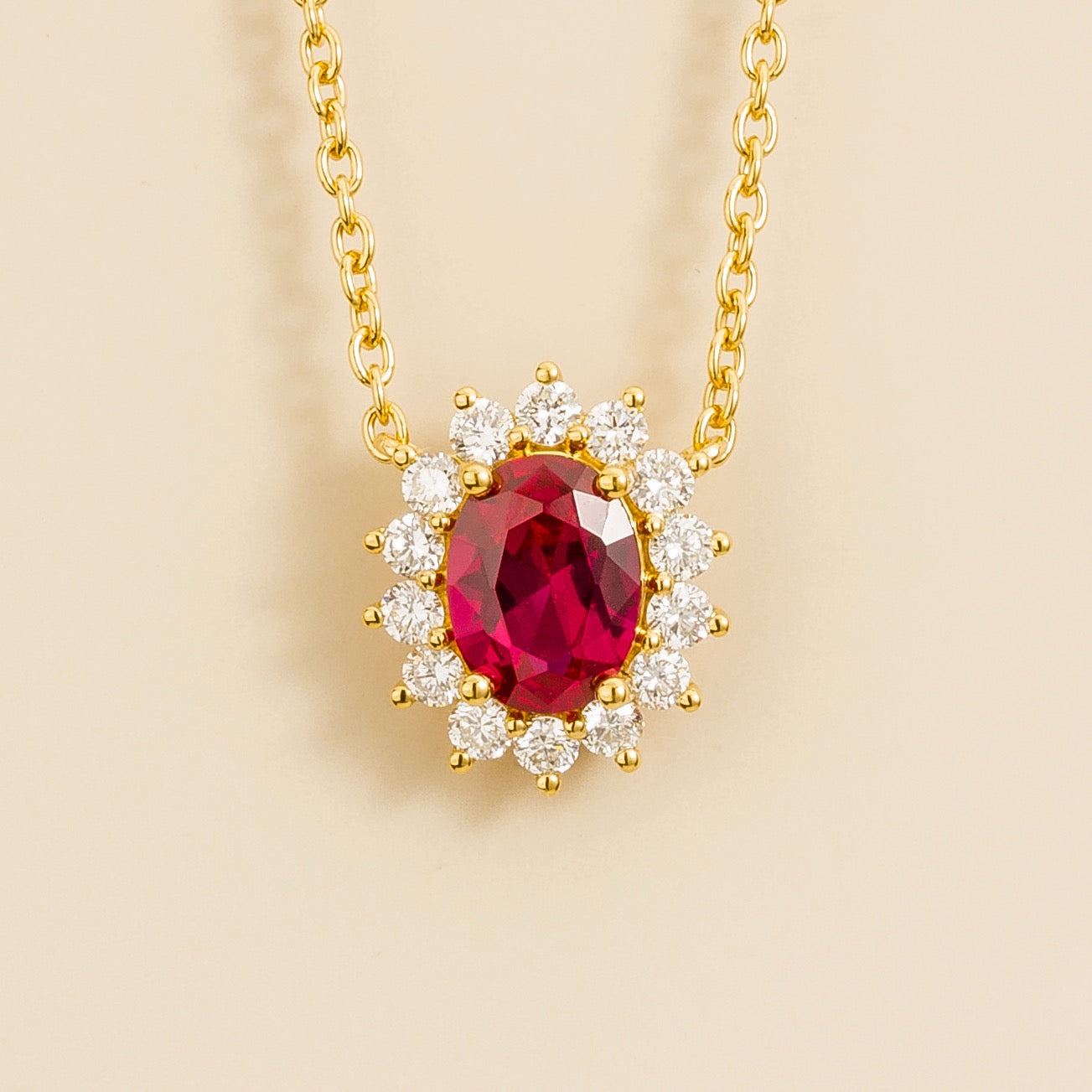 Divo Oval Ruby & Diamond Halo Gold Necklace by Juvetti London