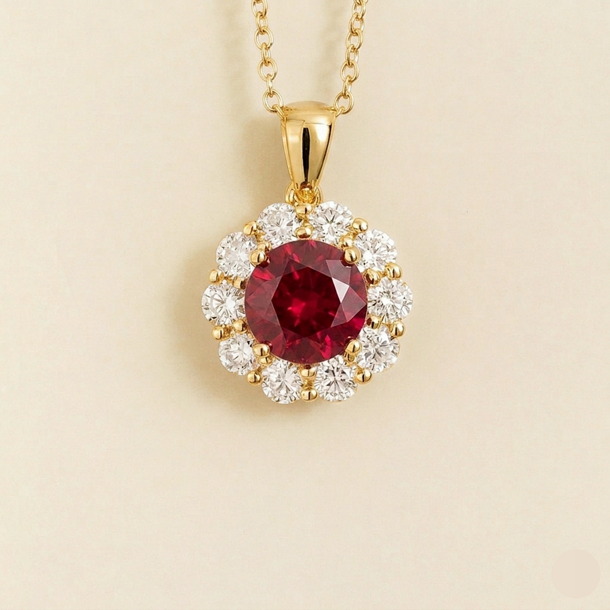 Floret round lab-grown ruby and diamond halo pendant necklace in gold – front | Juvetti London