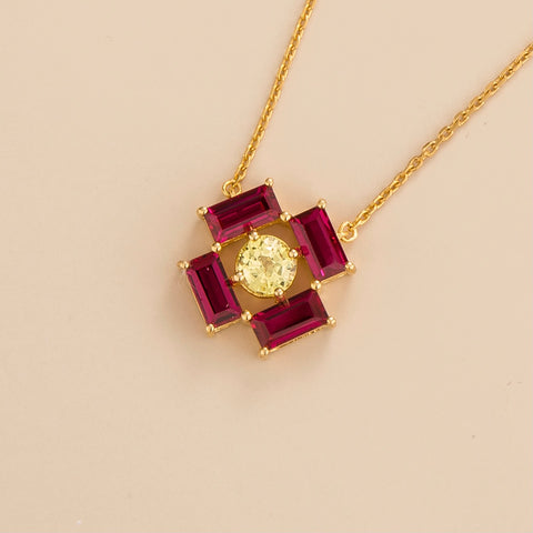 Oua Pendant Necklace In Yellow Sapphire and Ruby Set In Gold Oua Pendant Necklace In Yellow Sapphire and Ruby Set In Gold