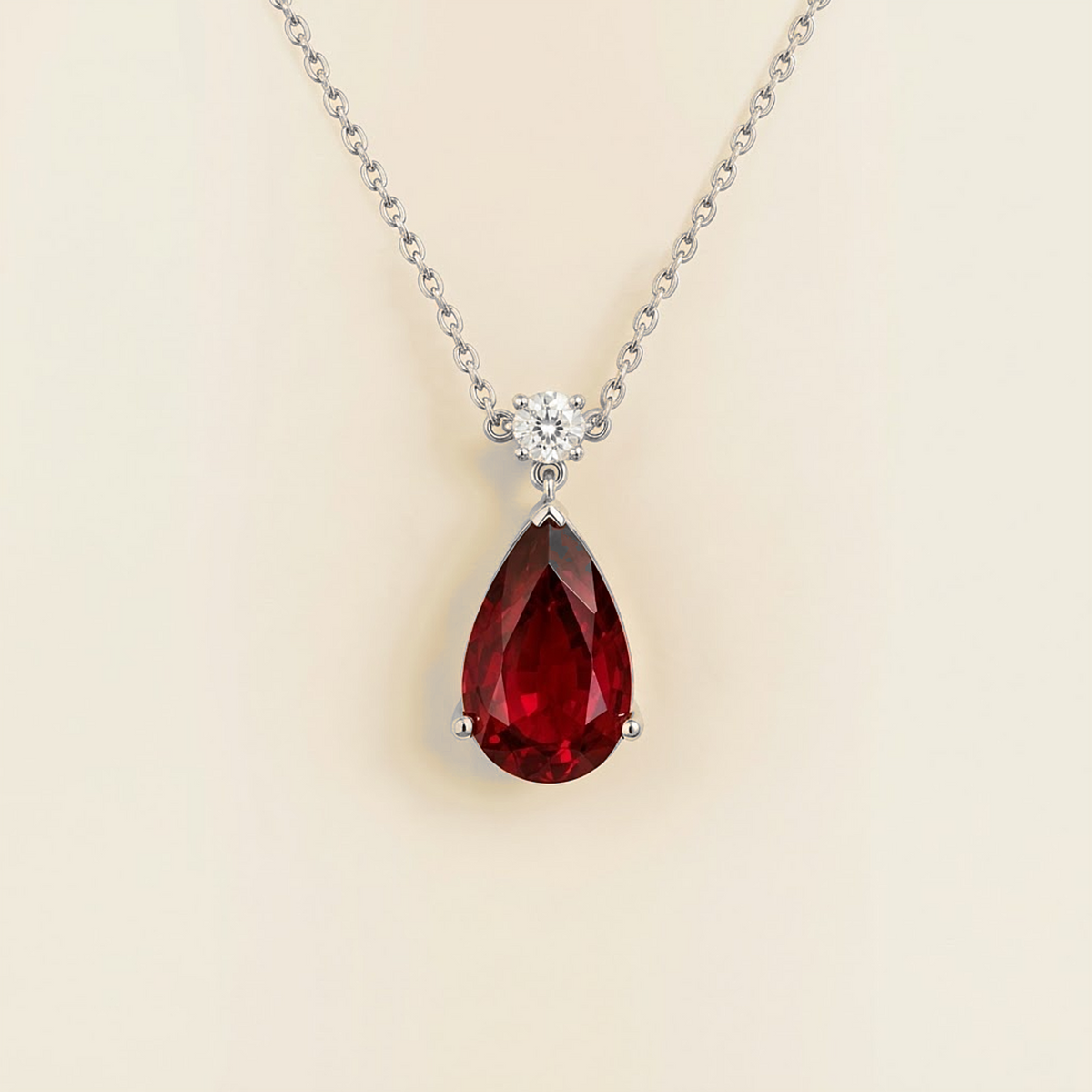 Lab-grown ruby and diamond pear drop pendant necklace in white gold, large – front view | Pisa by Juvetti