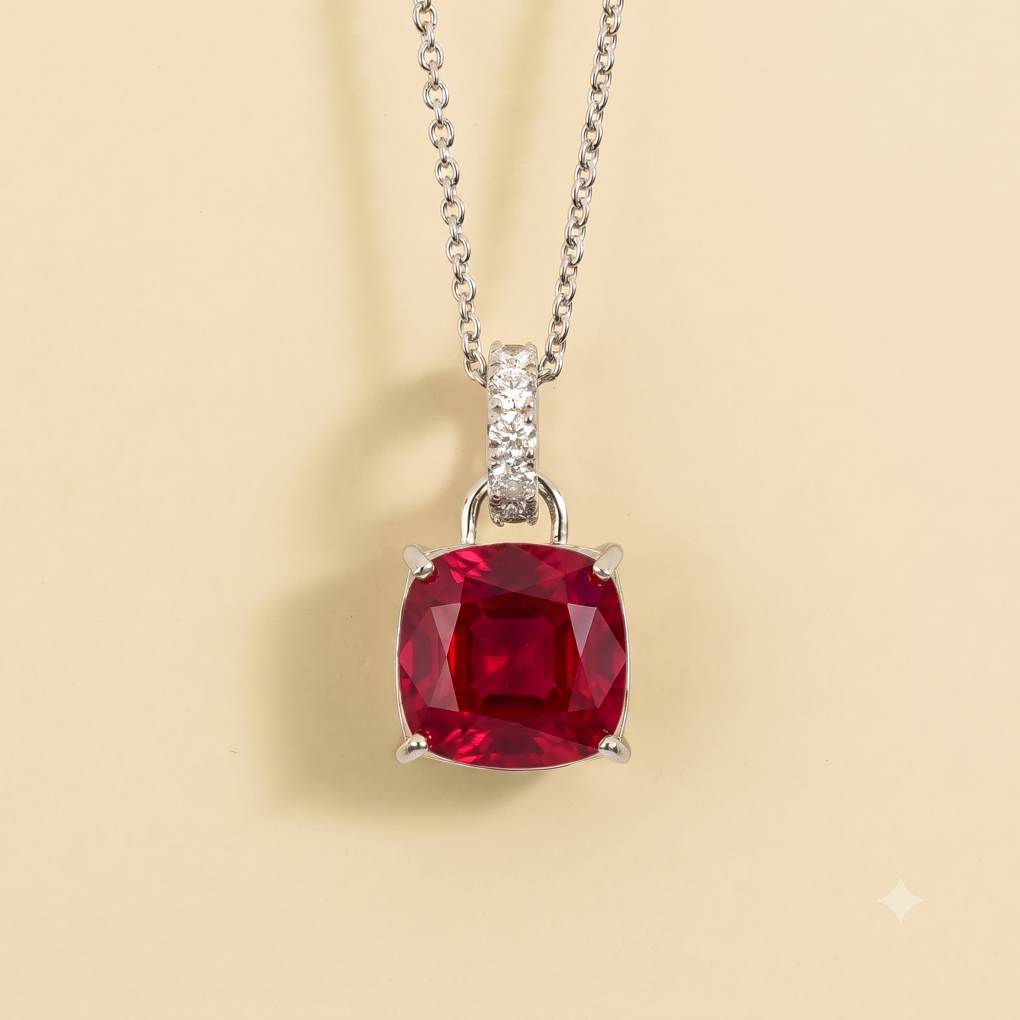 Roue Ruby Cushion Cut & Diamond Hoop Pendant Necklace in White Gold by Juvetti, bespoke jewellery London