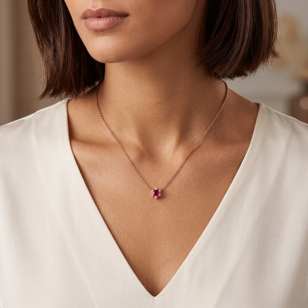 Round-cut Ruby & Pink Sapphire Halo Pendant Necklace in Rose Gold