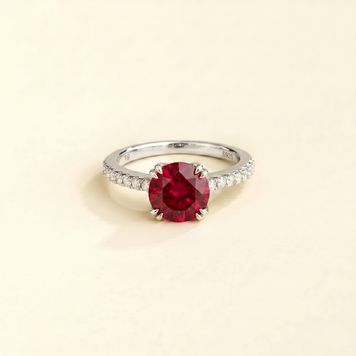 Como round lab-grown ruby solitaire pavé ring in white gold – front | Juvetti London