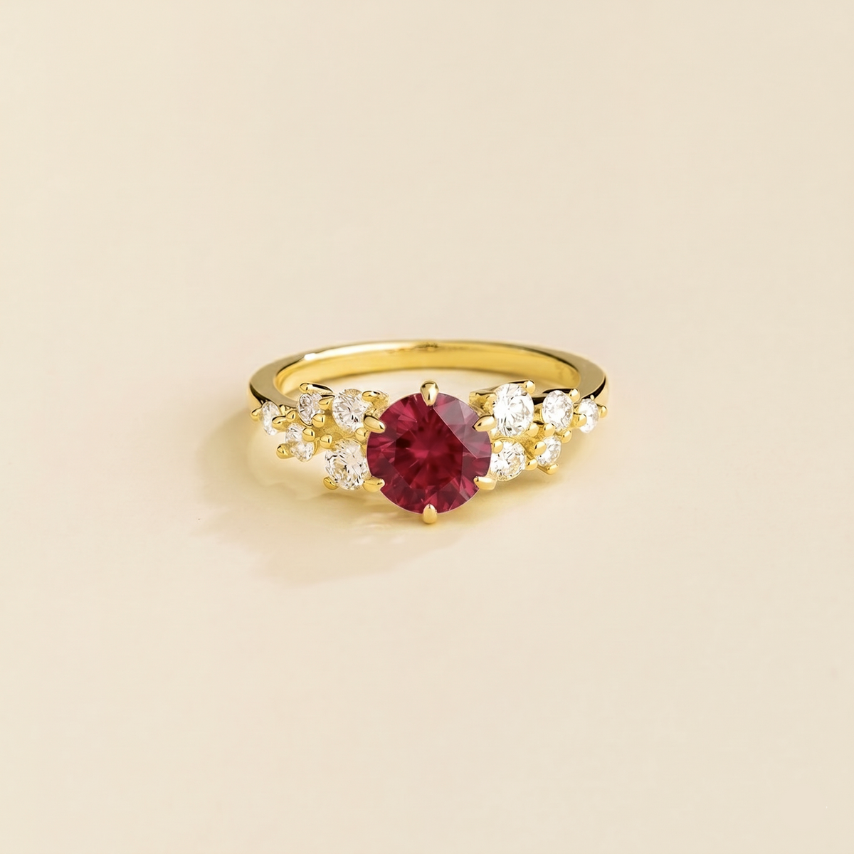 Floret round lab-grown ruby and diamond cluster ring in gold – front | Juvetti London
