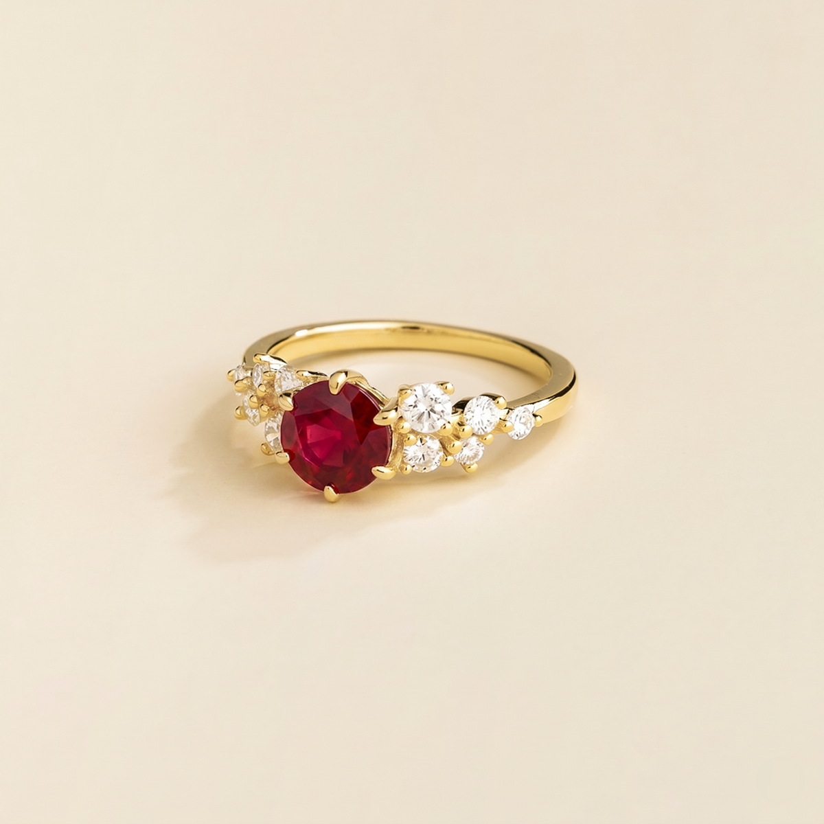 Floret round lab-grown ruby and diamond cluster ring in gold – side | Juvetti London