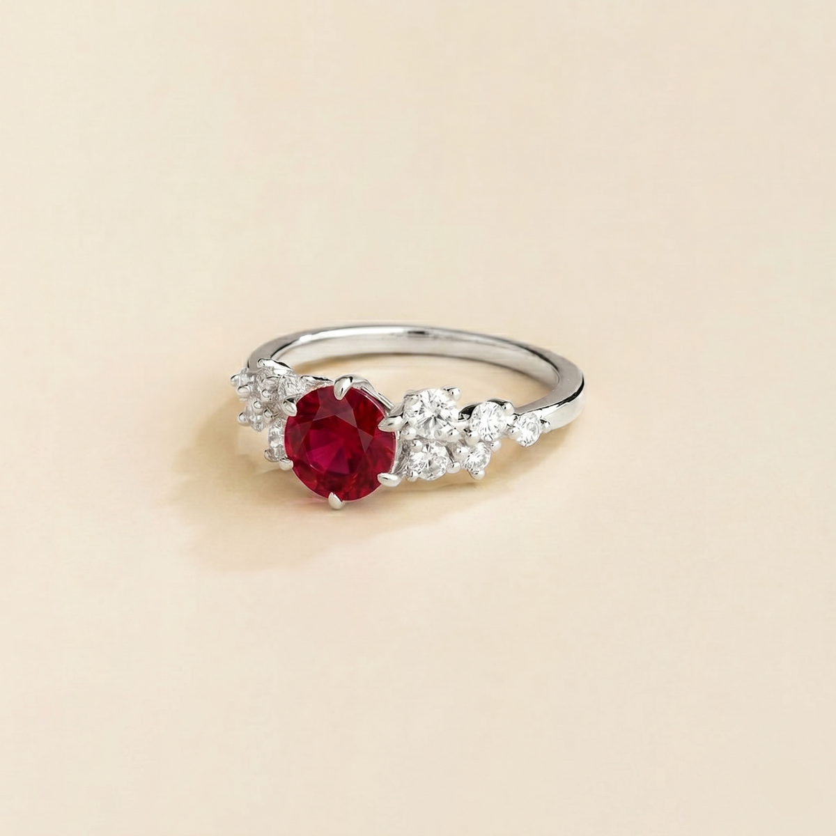 Floret round lab-grown ruby and diamond cluster ring in white gold – side | Juvetti London
