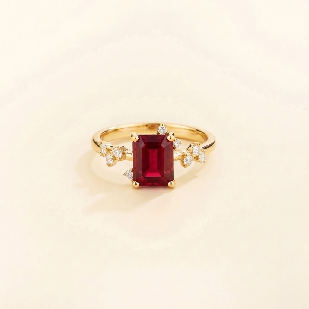 Frost emerald-cut ruby and diamond ring in yellow gold, front view