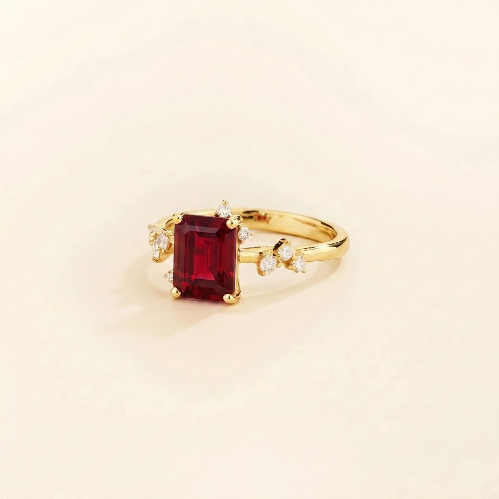 Frost emerald-cut ruby and diamond ring in yellow gold, angled view