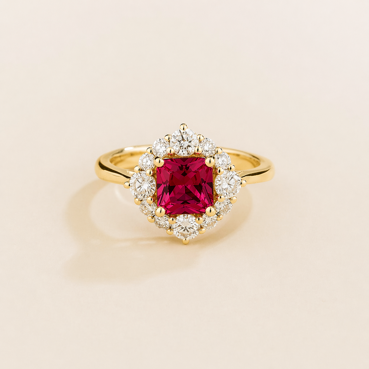 Tuli cushion-cut lab-grown ruby and diamond halo ring in gold – front view | Juvetti London