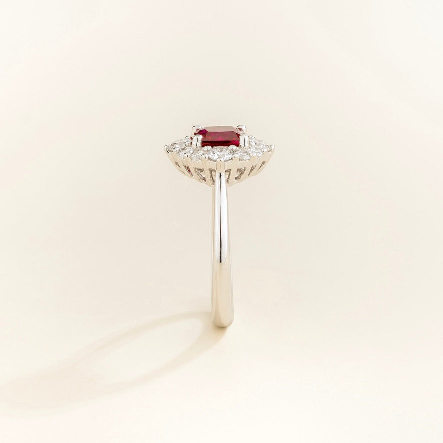 Tuli cushion-cut lab-grown ruby and diamond halo ring in white gold – detail view | Juvetti London