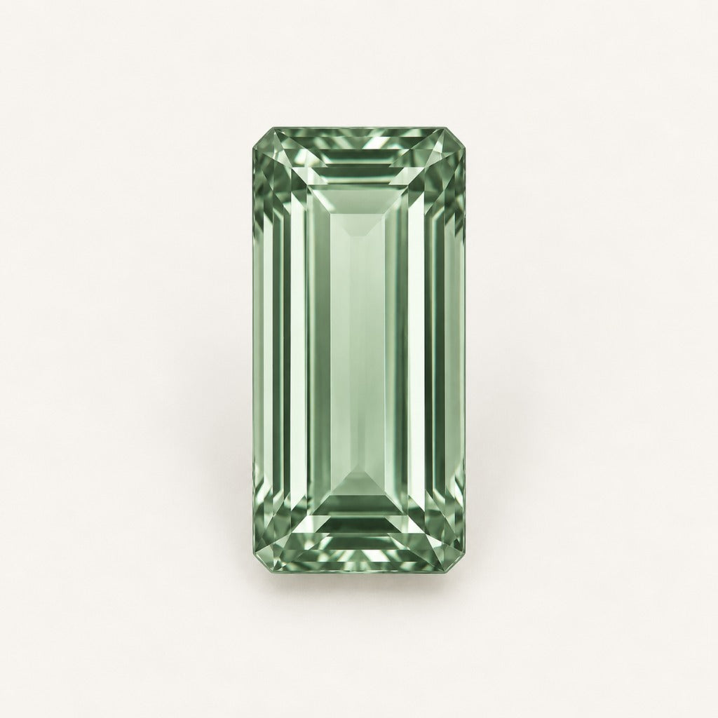 Sage green lab-grown sapphire, baguette cut